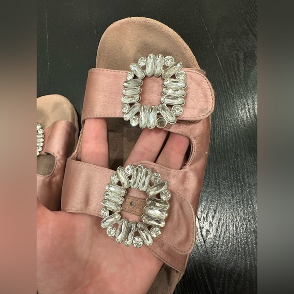 Sandal Buckle Rhinestone Inspired Flat Open Toe Strap Slide Slipper - Picture 7 of 8